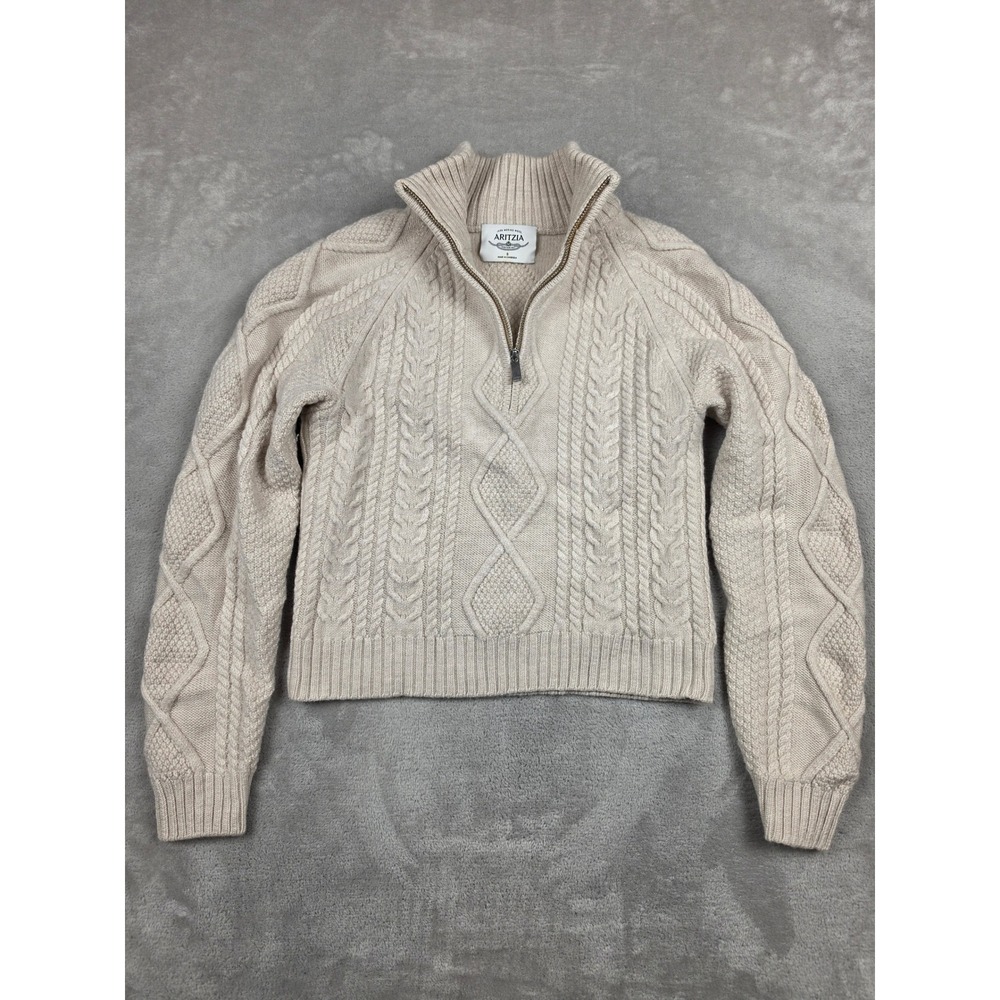 Aritzia Mastery Quarter Zip Sweater Women S Fit XS Beige Cable Knit Merino Wool